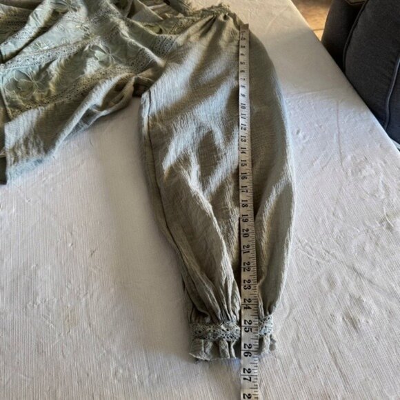 Free People Sivan Embroidered Top Green Puff Sleeve Blouse with Ruffled Small - Picture 10 of 16